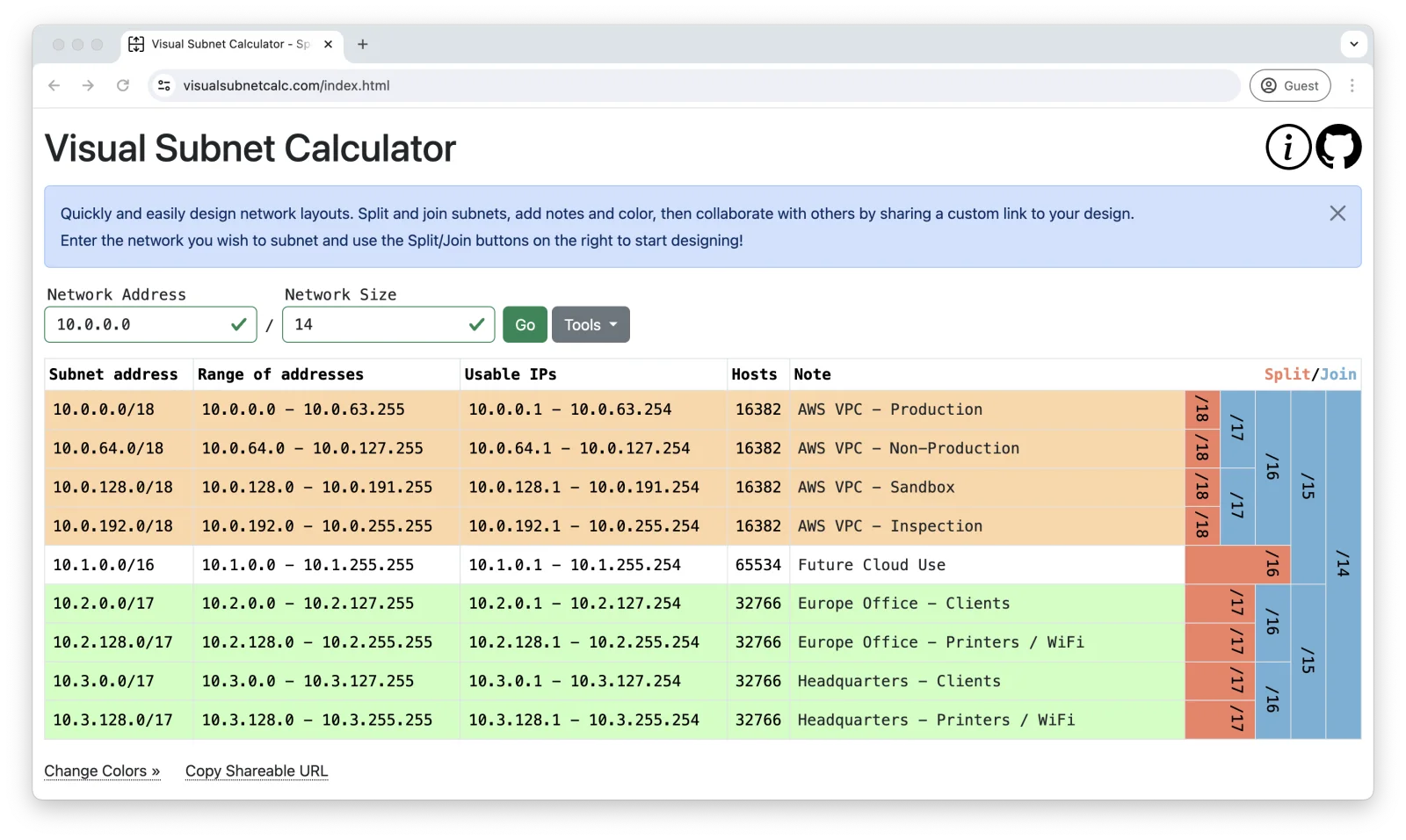 Visual Subnet Calculator interface